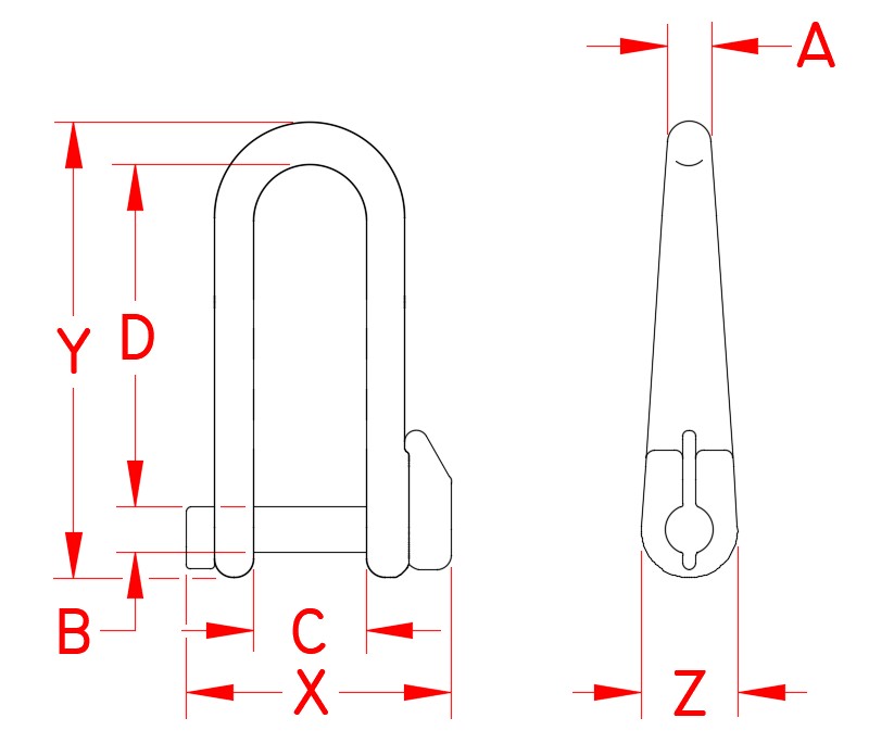 Stainless Steel Long D Shackle with Key Pin, S0167-0005, S0167-0006, S0167-0008, S0167-HR05, S0167-HR06, S0167-HR08, Line Drawing